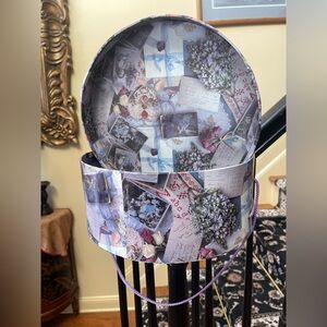 Vintage HAT BOX 12" x 5" Floral Postcard Design Decorative Storage Romantic